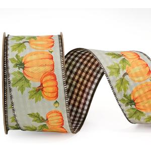 LaRibbons Fall Pumpkin Ribbon Wired 2 1/2" x 10 Yards Reversible Pumpkin Gingham Ribbon for Autumn Wreath Thanksgiving Farm Gift Wrapping Home Decor