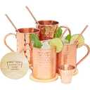 Yooreka Gift Set Moscow Mule Mugs Set Of 4 16 oz Solid Cooper, 100% Pure Copper Cups Cylindrical Shape HANDCRAFTED, BONUS 4 Straws, 4 Wood Coasters, Stirring Spoon, And Shot Glass (Square)