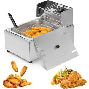 Electric Deep Fryer  6L Large Capacity Deep Fryer with Detachable Basket, Adjustable Temperature Control, 1600W Stainless Steel Commercial Fryer for Restaurant & Home  Perfect for Chicken, Fries