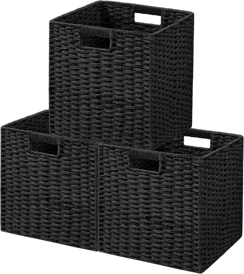 UBBCARE 3 Pack Wicker Basket, 11L11H10.5W inch Woven Paper Rope Storage Baskets for shelves, Foldable Cube Storage bin with Handle, Storage Basket for Organizing & Decor, Black
