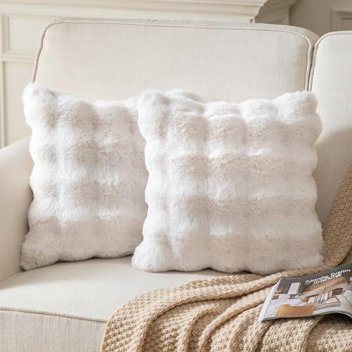 Joyouth Pack of 2 Thick Plush Throw Pillow Covers Fluffy Wave Faux Fur Decorative Cushion Covers Soft Wool Pillowcase for Sofa Couch Livingroom 18x18 Inch White