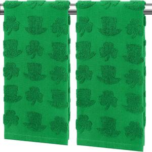 2 Pcs St. Patrick's Day Jacquard Hand Towels Cotton Decorative Leprechauns Green Hat Shamrocks Clover Bath Towels for Holiday Bathroom Kitchen Decor, 13.8 x 29.5 Inches