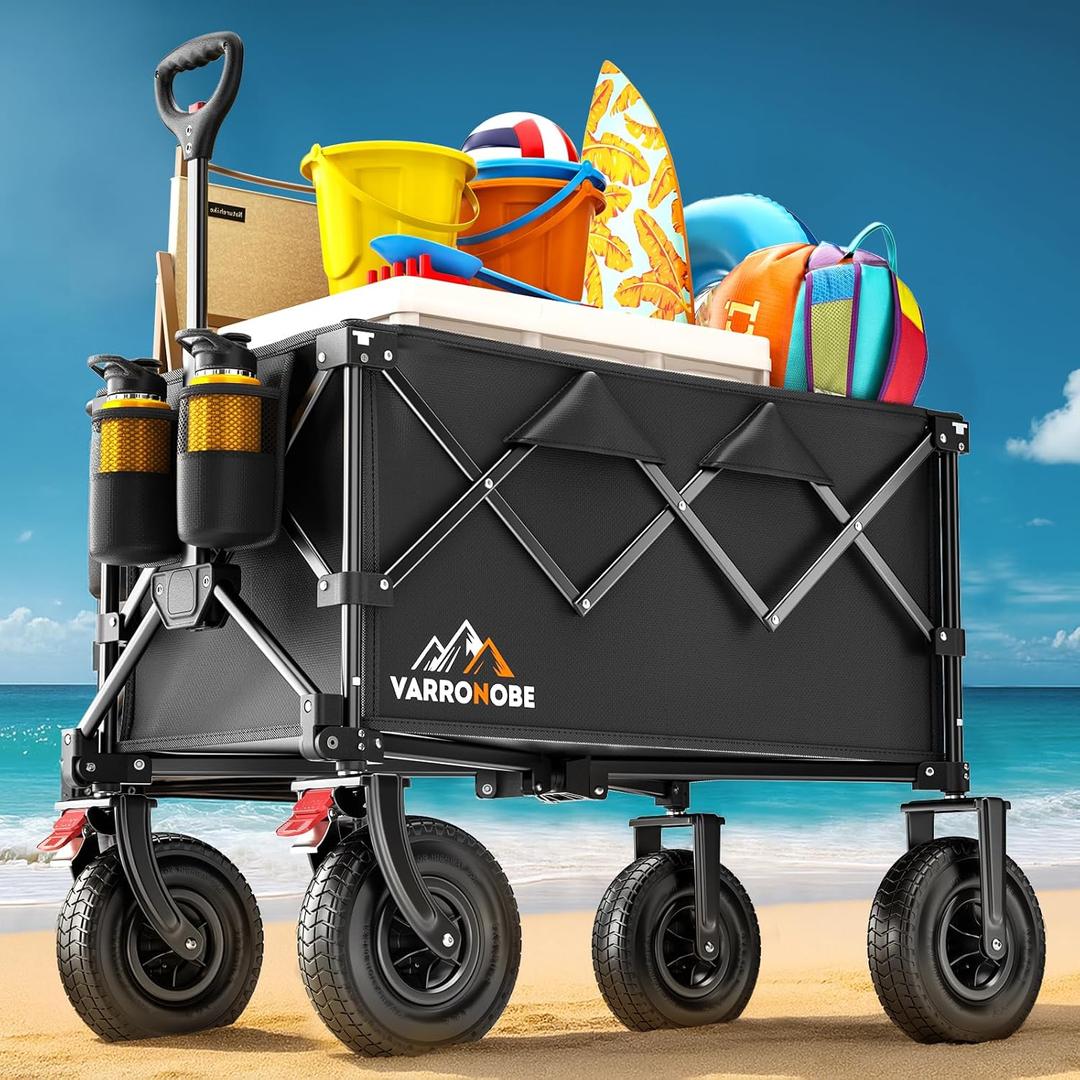 Big Rubber Wheels Beach Wagon Cart Foldable, 9x3 All-Terrain Wheels, Heavy Duty Collapsible Utility Wagon with 330lbs Capacity, 180L Storage, Compact, Easy Transport for Sand Camping Sports, Black