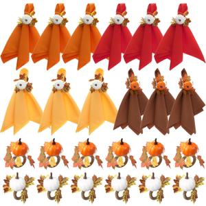 24 Pcs Fall Thanksgiving Napkins Rings Set 12 Pcs Washable Cloth Napkin 12 Pumpkin Napkin Rings Thanksgiving Cloth Towel Holders for Fall Party Banquet Wedding Dinner Table Decorations