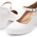 Mary Jane Heels with Arch Support, Closed Round Toe Chunky Pumps for Women, Comfortable Block Heel Dress Shoes (11, White)