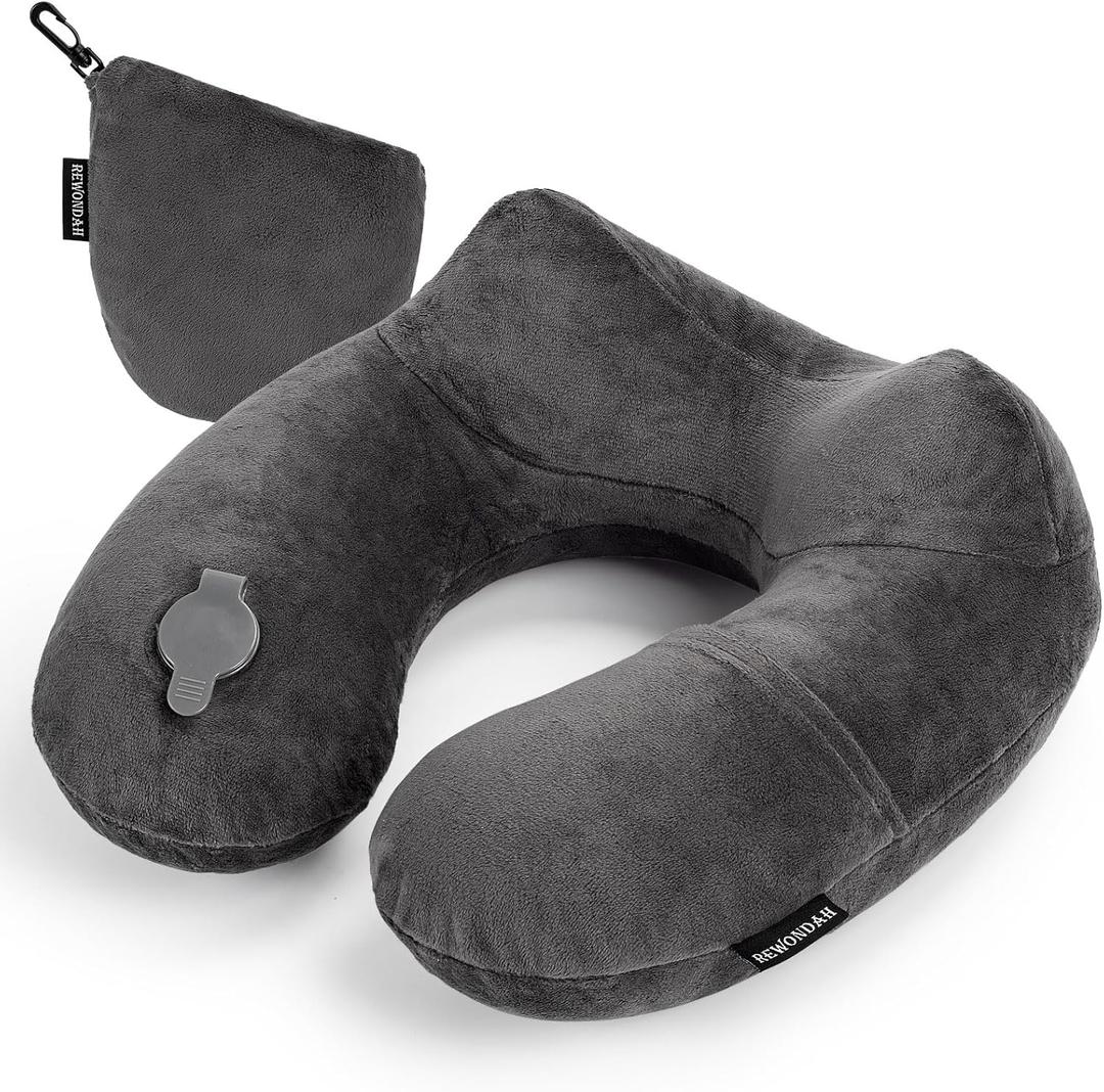 Rewondah Inflatable Travel Pillow for Sleeping Airplane - Inflatable Neck Pillow for Traveling on Plane with Washable Cover, Blow up Neck Travel Pillow for Airplanes, Cars - Portable and Comfortable (Medium, Dark Grey)