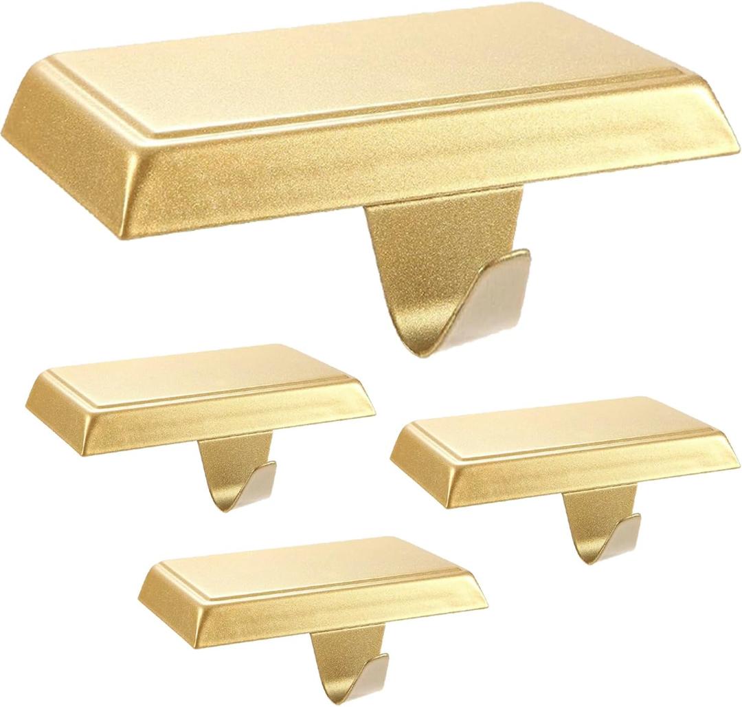 Komotu 4 Pcs Metal Christmas Stocking Holders for Mantle - Weighted Heavy Duty Stocking Hangers Hooks for Fireplace Table Window Xmas Holiday Decor (Gold)