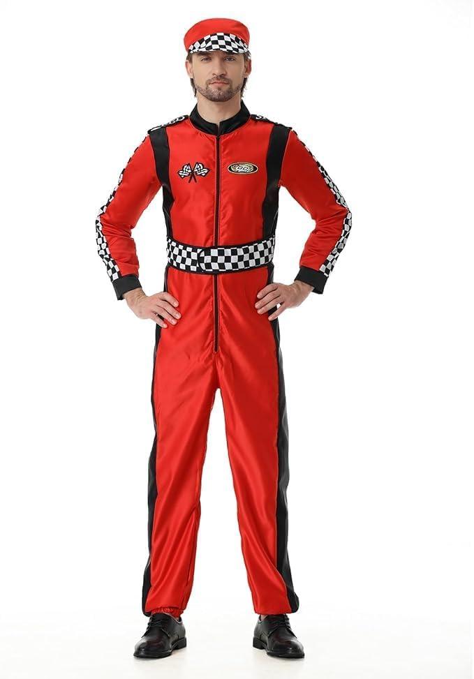 Mens RaceCar Driver Costume, Racing Car Driver Jumpsuit with Hat Set One Piece Racing Suit Adult Halloween Outfit (Large, Red-Black)