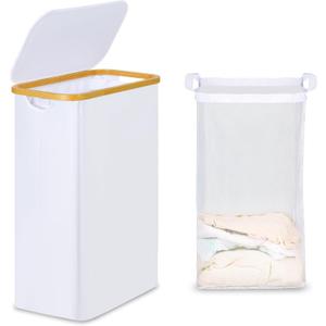 efluky Slim Laundry Basket with Lid, Narrow Laundry Hamper with Removable Bag, Skinny Dirty Clothes Basket with Bamboo Handles for Bathroom, Bedroom & Laundry Room, 65L White
