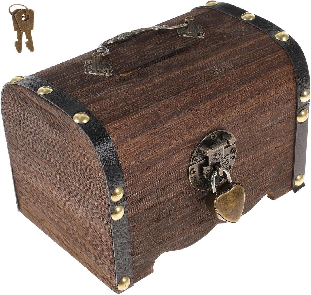 Toyvian Small Treasure Chest Piggy Bank with Lock and Key | Wooden Treasure Box for Kids & Adults | Vintage Money Bank & Coin Bank Pirate Chest Money Box Saver (Coffee Brown, 14cm)