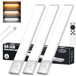 Diomart 3 Pack Under Cabinet Lights Wireless, 64 LEDs Dimmable Motion Sensor Closet Lights with Remote, Rechargeable Under Counter Lights for Kitchen, Wardrobe, Hallway, Stairs, 3 Color Temperatures