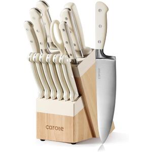 CAROTE 14 Pieces Knife Set with Block, Forged, High Carbon Stainless Steel Sharp Blade Block Knife Set, Dishwasher Safe Cutlery, Cream