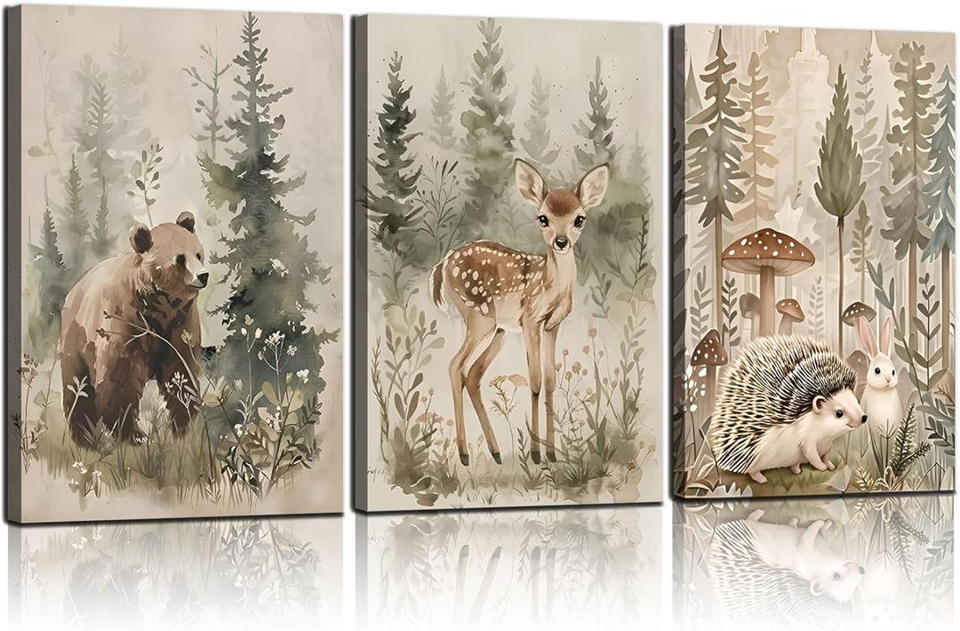 3 Pcs Woodland Animal Nursery Canvas wall art Wild Animals Forest Pictures Wall Decor Paintings hedgehog Bear Deer Watercolor Poster Prints for Boys Girls Room Home Artwork Decoration12inx16in canvas