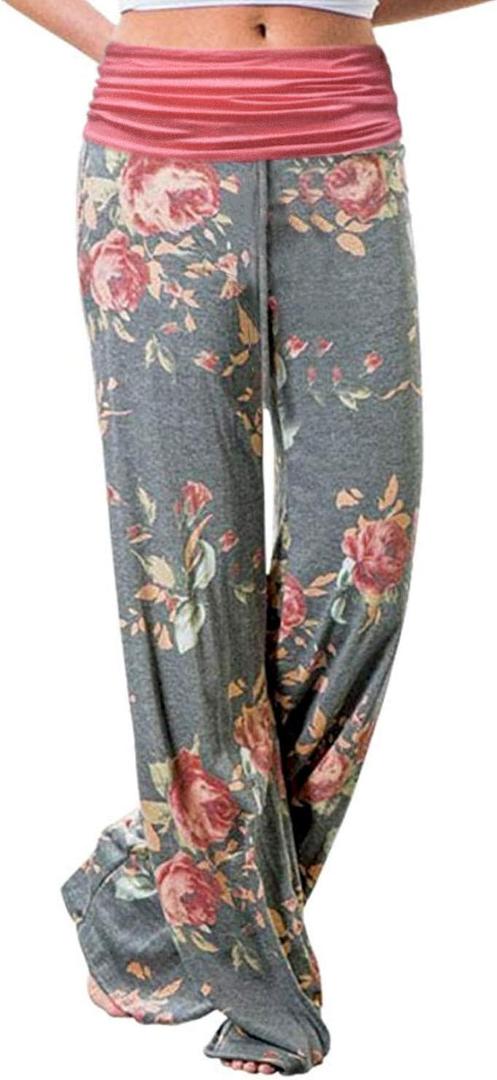 Gracyoga Women's Comfy Pajama Pants Wide Leg Lounge Palazzo Yoga Pants Stretch Casual Floral Print Fold Waist Pants (L)