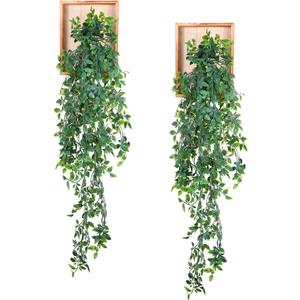 2 Pack Artificial Hanging Plants with Wooden Frames Home Fake Hanging Mandala Leaves Greenery Plants Mandala Vine Supplies for Wall Living Room Decor Bathroom Shelf Indoor