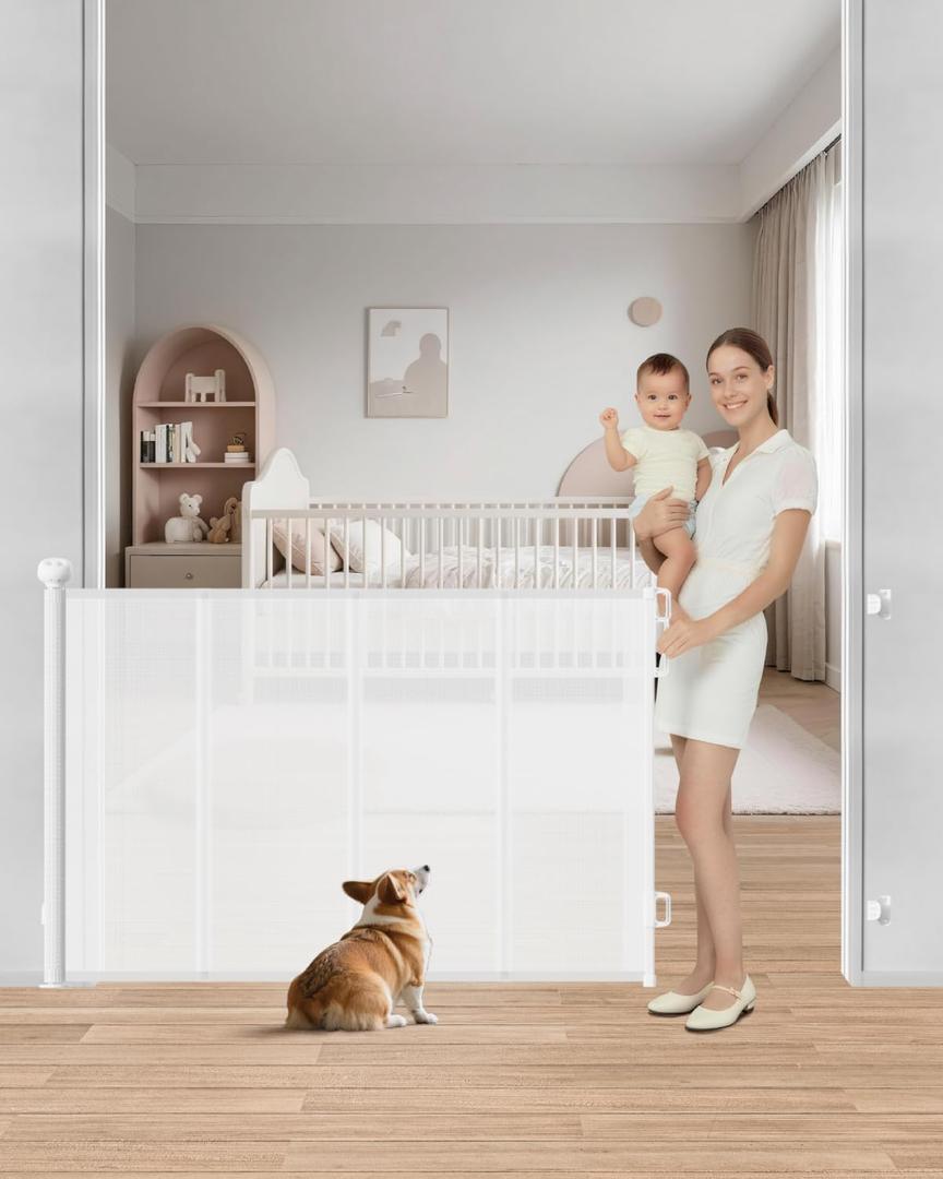 Retractable Baby Gate, 55" Wide Mesh Gate with 4 Reinforced Rods, Prevents Kids & Dogs from Crawling Under, 34" Tall Easy-to-Use Pet Gate for Stairs, Bedrooms, Hallways, Indoor/Outdoor, White