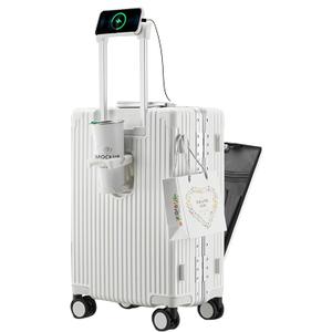 feilario Aluminium Frame PC Hard Shell Spinner Wheels Luggage,22.5"X15"X9.5" Airline Approved Built-In TSA lock Carry on Suitcase, with Cup Holder, USB Port, Phone Holder (A-Ivory White (zipperless closure))