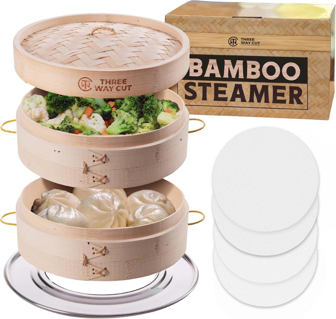 Bamboo Steamer 10 Inch 2 Tier Wooden Basket With Handle, Ring Adapter, Reusable Silicone Liner, Kit For Cooking Dumpling Baby Bao Bun, Dim Sum, Rice Potsticker Steaming Chinese Asian Food & Vegetables (3 Piece Set)