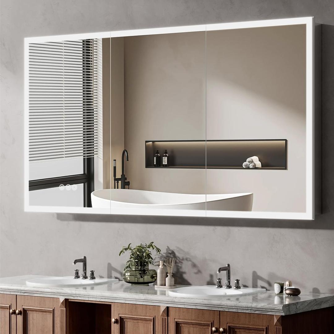 60"x32" Medicine Cabinet Mirror, LED Lighted Medicine Cabinet with Electrical Outlet＆USB, Anti-Fog, 3 Colors Temperature Stepless Dimmable, Aluminum Cabinet for Storage and Mordern Decor