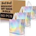 Nush Nush Iridescent Large Gift Bags Bulk - Set of 60 Reusable Holographic Gift Bags with Handles - Goodie Bags for Birthday Parties, Wedding, Small Business, Big Special Events - 13"W x 5"D x 11"H