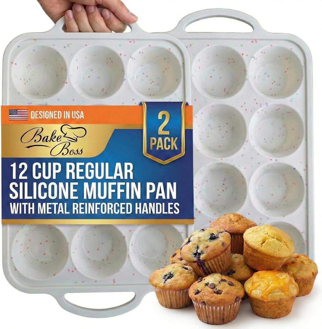 BAKE BOSS 2-Pack Silicone Muffin Pan for Baking with Metal Reinforced Frame, 12 Cup Regular Size Cupcake Pan, BPA Free Silicone Muffin Tray, Cupcake Baking Pan Molds for Oven Dishwasher Safe (Cream)
