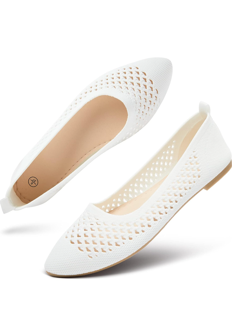 hash bubbie Women's Flats Shoes Women Comfortable Dress Shoes Black Pointed Toe Flats Ballet Mesh Knit Flat Dressy Slip on Business Casual Shoes for Women, 9 White