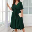 SCOMCHIC Women Plus Size Midi Dresses Wedding Guest Short Sleeve V Neck Tie Waist Casual Summer Flowy A Line Dress (Green, XXL)