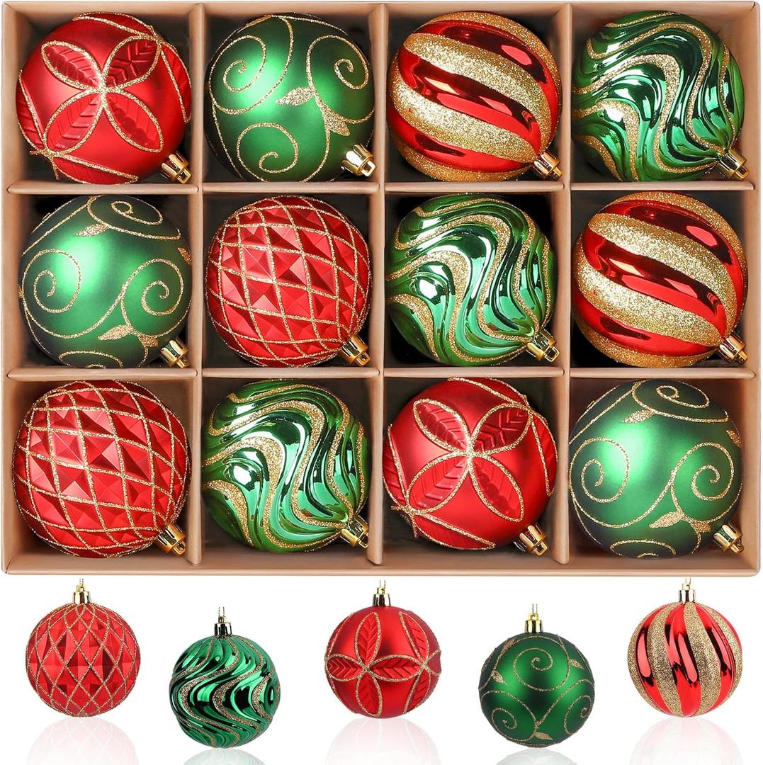 3.15"/80mm Christmas Balls Ornaments, 12Pcs Christmas Tree Decorations, Shatterproof Christmas Hanging Baubles Set with Hooks for X-mas Party Wedding Holiday Decor, Red, Green & Gold
