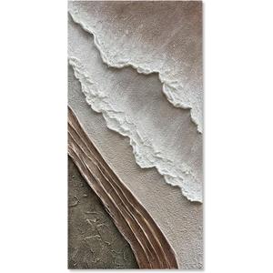 Hand Painted Thick Texture Art Oil Painting on Brown and White Beach Waves Landscape Art Home Wall Decorative Painting 48x24 Inches (Eft150)