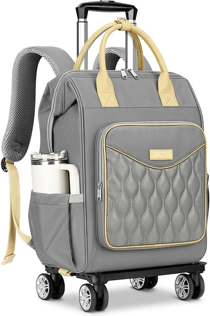Ytonet Rolling Backpack for Women, 15.6 In Rolling Travel Backpack with 4 Spinner Wheels, Carry On Wheeled Backpack with Detachable Trolley, Water-Resistant Roller Bag for College Business Work, Grey, 18.8" x 13.5" x 8.5"
