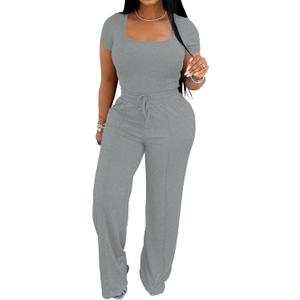 PINSV Women's 2 Piece Outfits Lounge Short Sleeve Tops High Waisted Wide Leg Pants Tracksuit Sets L