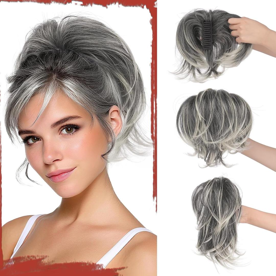 SOFEIYAN Claw Clip Hair Buns Hair Piece DIY Bendable Wires Short Ponytail Extension Fluffy Fake Hair Piece Straight Synthetic Hair Ponytail Extensions for Wonen - Salt and Pepper