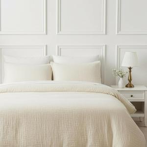 Queen Muslin Duvet Cover Set - 4-Layer 100% Cotton Gauze, Breathable Lightweight Comforter Cover with No-Tie Channel + 2 Pillow Shams, Italian Cream, 92" x 88"