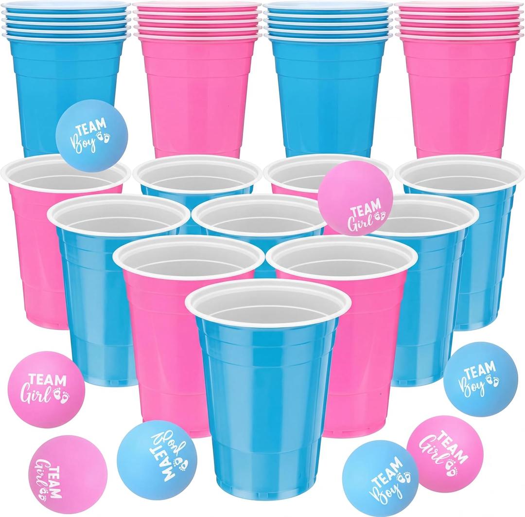 22 Pcs Baby Shower Game Party Team Boys or Girls Cup Set 16 oz Pink Blue Beer Plastic Cups with 8 Balls Gender Reveal Party Game for Indoor Outdoor Event Fun House Parties Favors