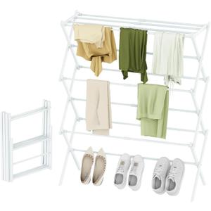 STARLATTA Foldable Drying Rack Clothing, 3-Tier Portable Clothes Drying Racks for Indoor & Outdoor, Anti-rust Compact Laundry Rack Collapsible, Compact Size, 15 lbs Max Load, White 28"D x 10"W x 35"H