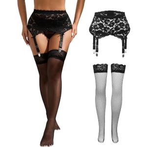ohyeahlady Women Thigh Highs Stocking for Garter Belt Sexy Mesh Lace Plus Size Suspender with 4 Straps Metal Clips (XL-2XL)
