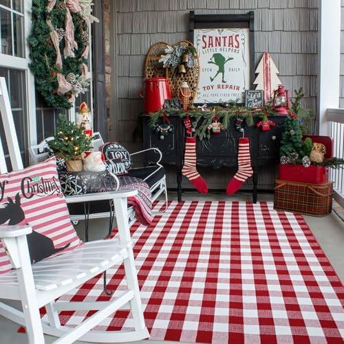 Red and White Plaid Rug Christmas Outdoor Front Door Mat Cotton Hand-Woven Washable Rug for Layered Door Mats Carpet for Farmhouse, Porch, Entryway, Living Room (Red and White, 4'x6')