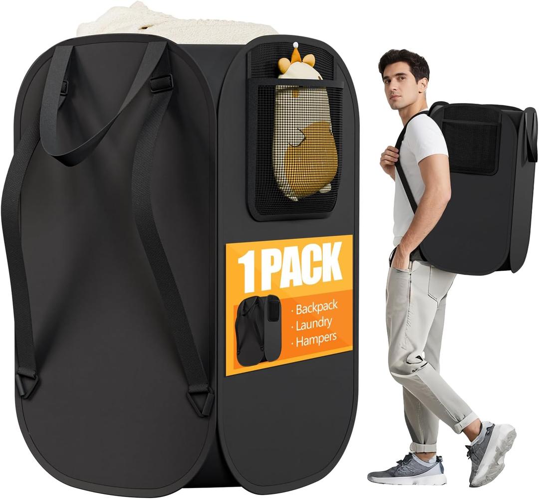 Collapsible Backpack Laundry Bag Made by Strong Polyester Oxford Cloth, 76L Heavy Duty Large Hamper with Adjustable Shoulder Strap, Foldable Basket with Mesh Pocket for College, Travel, Apartment