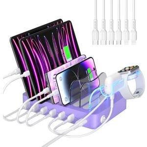 SooPii Premium 6-Port USB Charging Station Organizer for Multiple Devices, 6 Short Charging Cables and One Upgraded i-Watch Charger Holder Included, for Phones,Tablets and Other Electronics, Purple