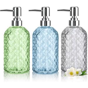 RETON 3 Pack Soap Dispenser Set, 16 Oz Clear Glass Soap Dispenser with Rust Proof Plastic Pump, Refillable Liquid Hand Dispenser, Bathroom Pump Bottlefor Kitchen Countertop (3 Colors)