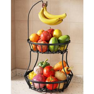 SAYZH 2-Tier Fruit Basket Bowl Stackable Vegetable Storage with Banana Tree Hanger Stand for Kitchen Countertop, Metal Wire Basket for Bread Onions Potatoes Black
