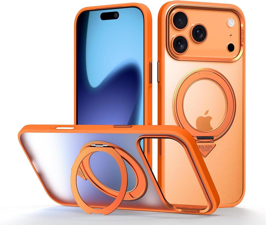 Case for iPhone 17 Pro Max[Compatible with magsafe ] with 360Rotating Kickstand Shockproof Protective Cover TPU Frame Matte PC Back Slim Military Grade Phone Case for Men WomenOrange