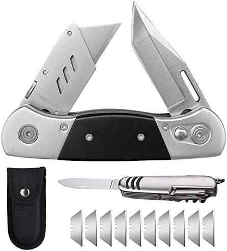 Folding Utility Knife with Sheath and 10 Razor Blades, Heavy Duty Box Cutter Knife with Dual Blades, Construction Knifes Electrician Knife for Carpet Cardboard Work, Pocket Knives Set Gift for Men