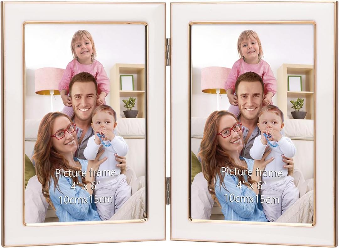 Giftgarden 4x6 Double Picture Frame White with Tempered Glass Display 4 by 6 Photo, Metal Hinged Folding Frame for Tabletop or Wall