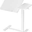 DUMOS Overbed Bedside Table Adjustable with Wheels, Mobile Standing Stand Up Rolling Laptop PC Desks with Tilting Top Height Tray Side Computer Workstation for Bedroom on Hospital Home Use, White