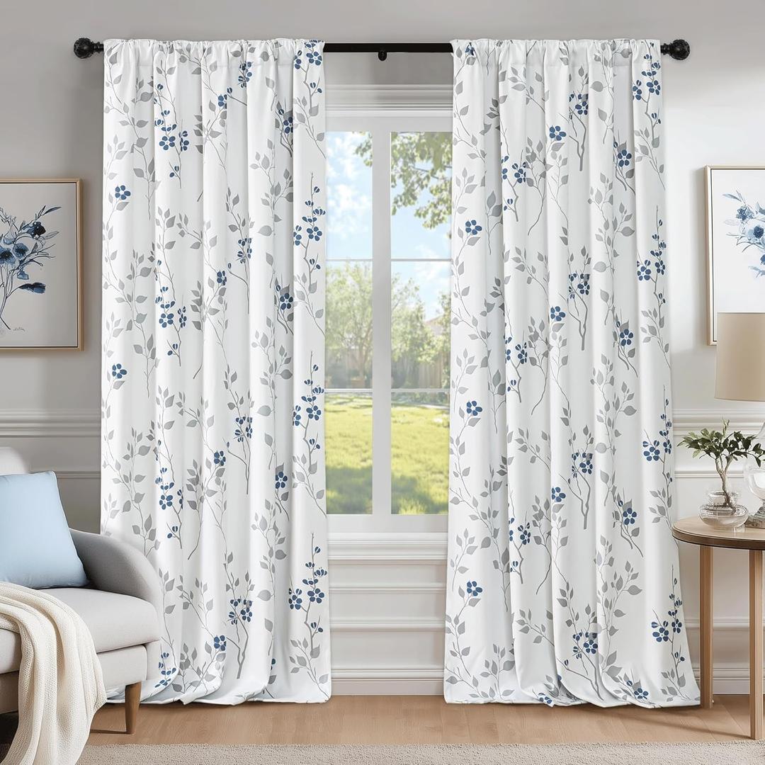 Beauoop Floral 100% Blackout Curtains 84 Inches Long 2 Panels for Bedroom Living Room Blue Grey and White Flower Patterned Room Darkening Thermal Soundproof Rod Pocket Back Tab Window Drapes, 52X84