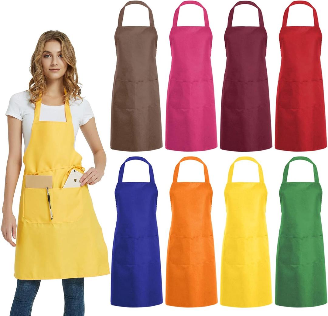 DUSKCOVE 8 PCS Plain Bib Aprons Bulk - Mixed Color Commercial Apron with 2 Pockets for Kitchen Cooking Restaurant BBQ Painting Crafting