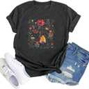 Floral Graphic Shirt Women Boho Wildflowers Tee Vintage Flower Tshirt Round Neck Loose Casual Short Sleeve Tops (S)