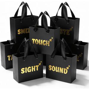 EQOREIIN 30 Pack 5 Senses Gift Bags for Him Her,5.5x 2.5x4.7 Inch Sight Smell Touch Taste Sound Small Gift Bags with Handle for Men Birthday, Anniversary, Mother's Day, Valentine's Day(Black Gold)