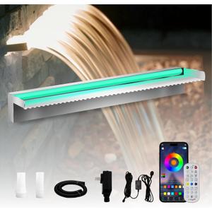 Pond Waterfall Spillway Stainless Steel Pool Fountain, APP Control LED Lighted Waterfalls Kit, Outdoor Water Flow Waterfalls Kit for Garden Patio Koi Pond Decoration-23.6"x7.8"x3.9"